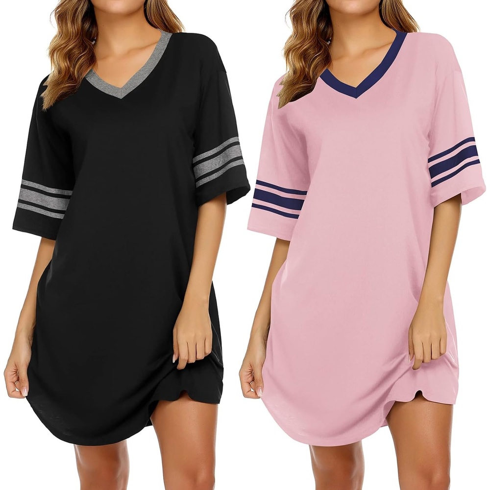 image:imageEkouaer Nightgowns for Women 2 Pack Short Sleeve Nightgown V Neck Sleepwear Soft Color Block Sleep Shirts Oversized Night Shirts Boyfriend Sleep Dress for Sleeping Daily Wear Pajama Party S4XLBlackPink