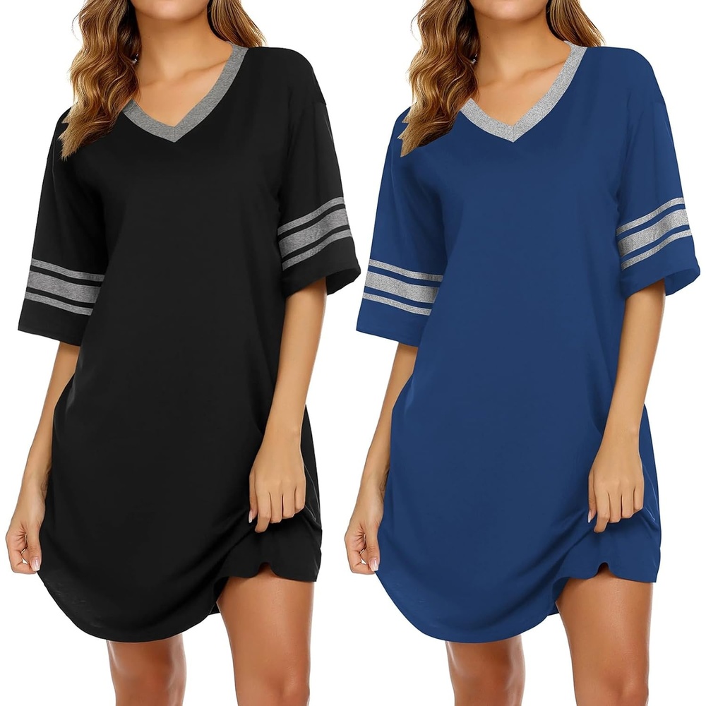 image:imageEkouaer Nightgowns for Women 2 Pack Short Sleeve Nightgown V Neck Sleepwear Soft Color Block Sleep Shirts Oversized Night Shirts Boyfriend Sleep Dress for Sleeping Daily Wear Pajama Party S4XLBlackBlue