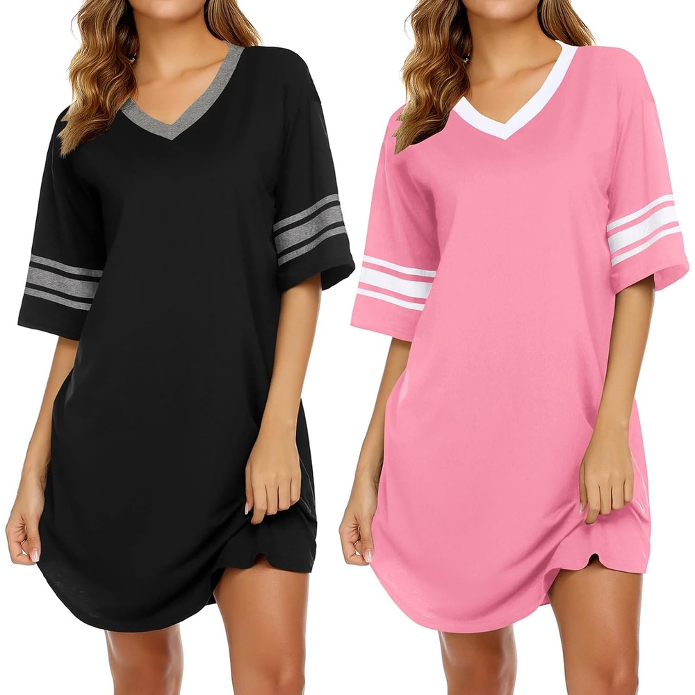image:imageEkouaer Nightgowns for Women 2 Pack Short Sleeve Nightgown V Neck Sleepwear Soft Color Block Sleep Shirts Oversized Night Shirts Boyfriend Sleep Dress for Sleeping Daily Wear Pajama Party S4XLBlackHot Pink