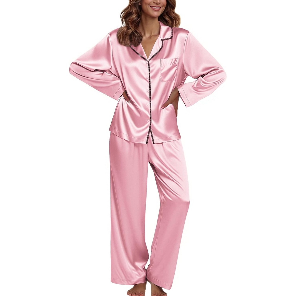 image:imageEkouaer Pajamas For Women Silk Pjs Long Sleeve Button Down Lounge Sets Christmas Pajamas 2 Piece Satin Sleepwear Cute PrintFun Pjs for SleepWeddingBridal PartyHolidayPink