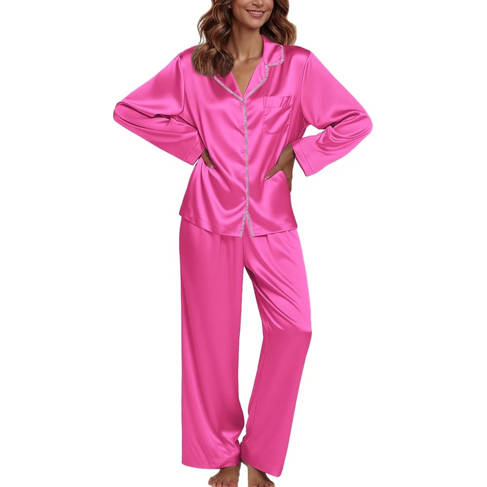 image:imageEkouaer Pajamas For Women Silk Pjs Long Sleeve Button Down Lounge Sets Christmas Pajamas 2 Piece Satin Sleepwear Cute PrintFun Pjs for SleepWeddingBridal PartyHolidayRose Red