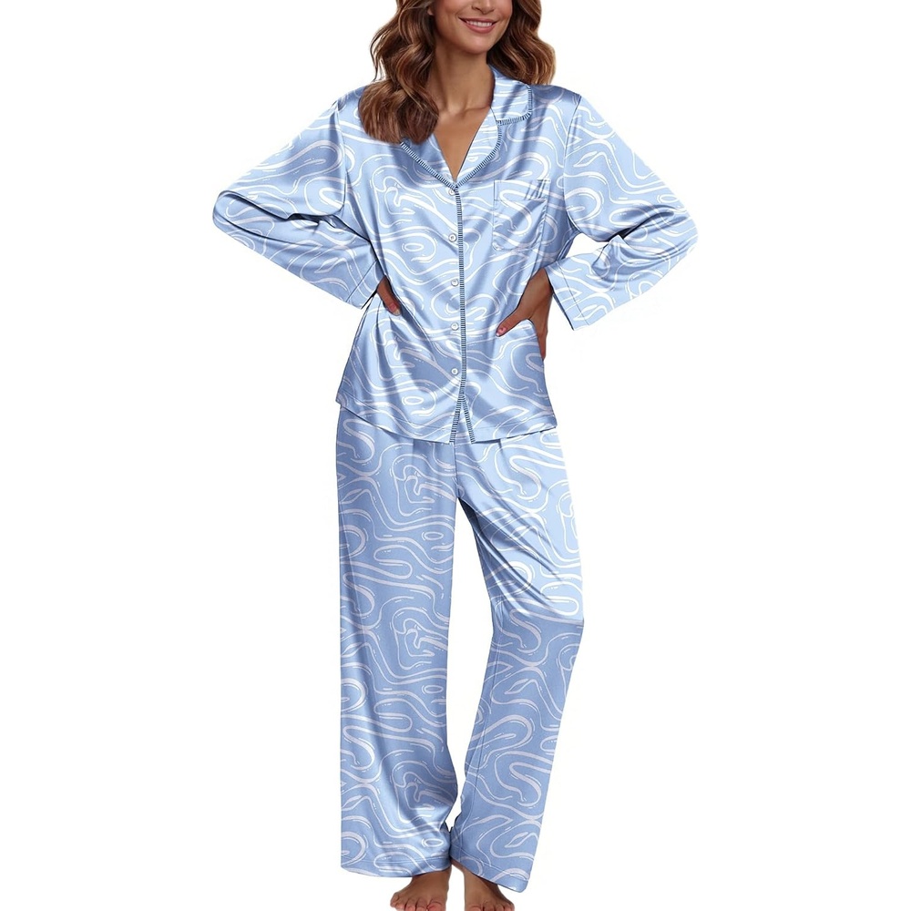 image:imageEkouaer Pajamas For Women Silk Pjs Long Sleeve Button Down Lounge Sets Christmas Pajamas 2 Piece Satin Sleepwear Cute PrintFun Pjs for SleepWeddingBridal PartyHolidayCurvy