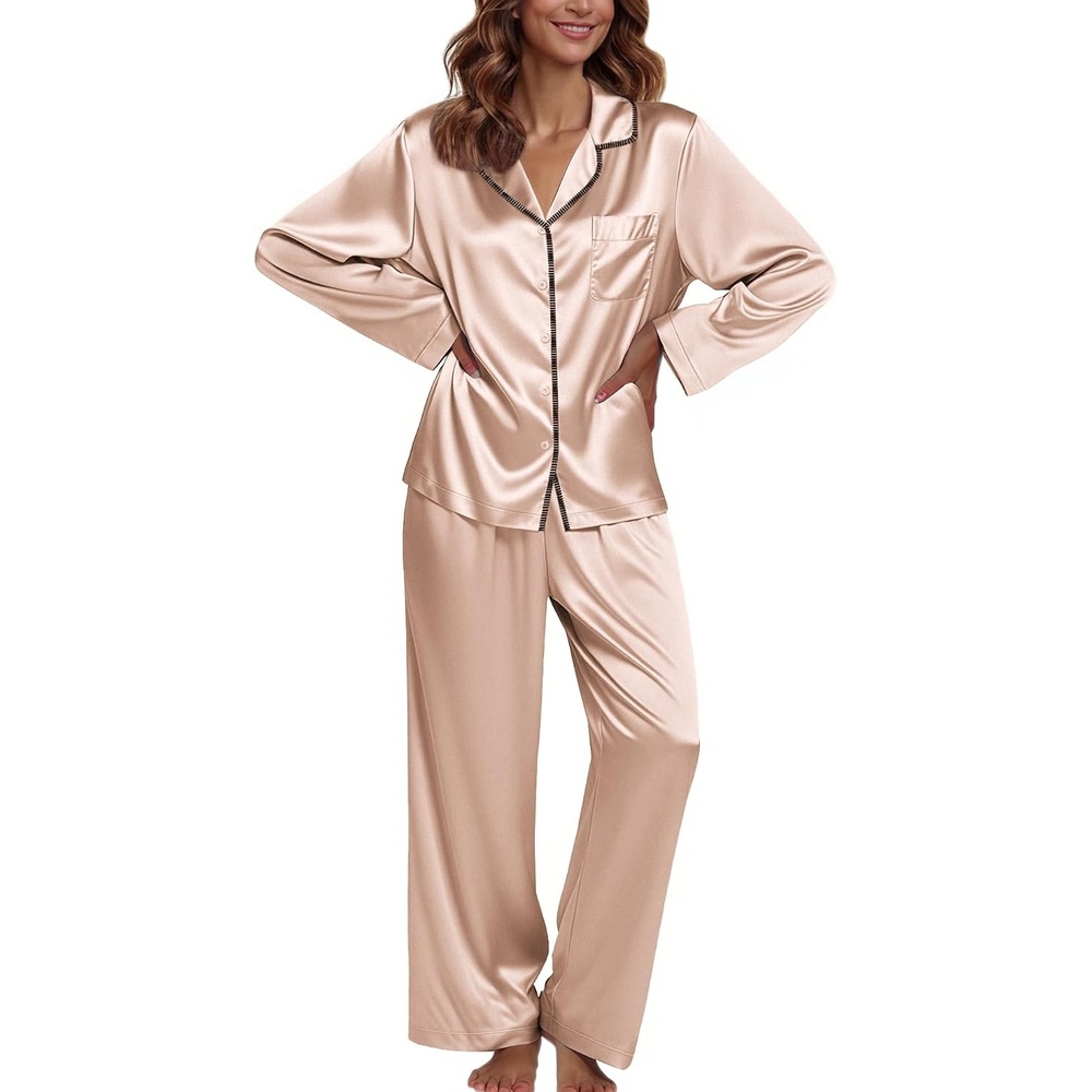 image:imageEkouaer Pajamas For Women Silk Pjs Long Sleeve Button Down Lounge Sets Christmas Pajamas 2 Piece Satin Sleepwear Cute PrintFun Pjs for SleepWeddingBridal PartyHolidayChampagne