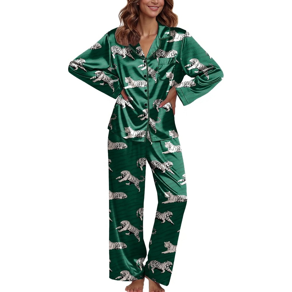 image:imageEkouaer Pajamas For Women Silk Pjs Long Sleeve Button Down Lounge Sets Christmas Pajamas 2 Piece Satin Sleepwear Cute PrintFun Pjs for SleepWeddingBridal PartyHolidayGreen With Tiger