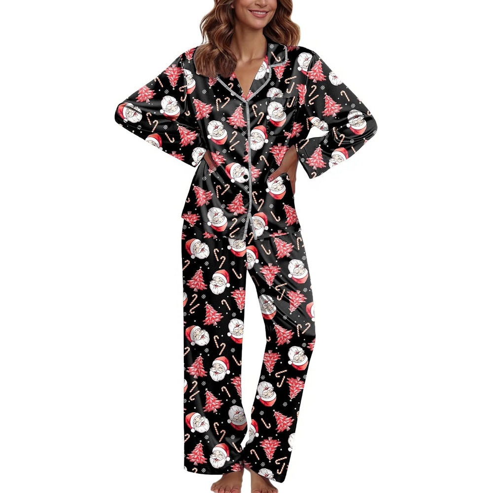 image:imageEkouaer Pajamas For Women Silk Pjs Long Sleeve Button Down Lounge Sets Christmas Pajamas 2 Piece Satin Sleepwear Cute PrintFun Pjs for SleepWeddingBridal PartyHolidayBlack With Santa Claus