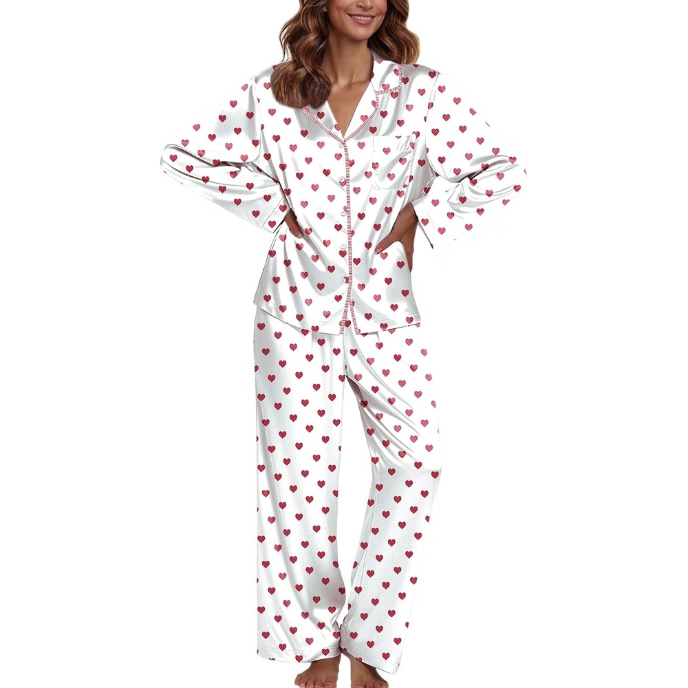 image:imageEkouaer Pajamas For Women Silk Pjs Long Sleeve Button Down Lounge Sets Christmas Pajamas 2 Piece Satin Sleepwear Cute PrintFun Pjs for SleepWeddingBridal PartyHolidayWhite With Red Heart