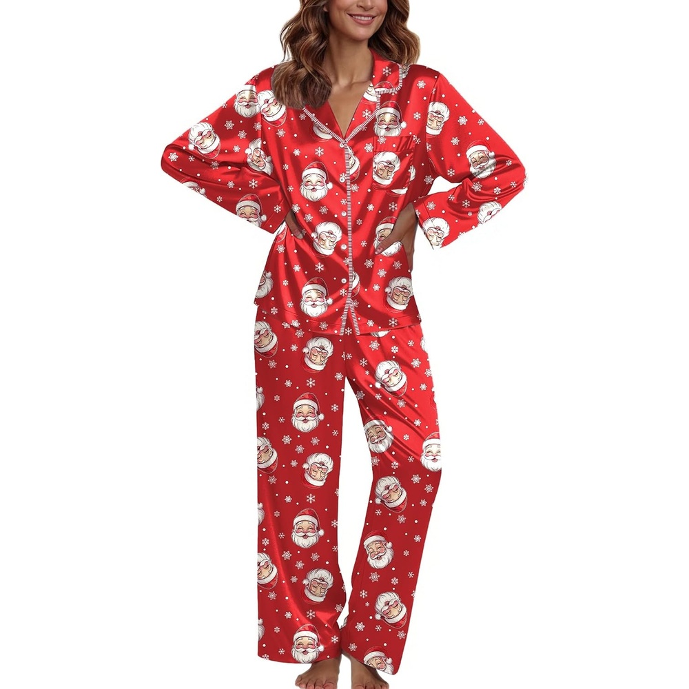 image:imageEkouaer Pajamas For Women Silk Pjs Long Sleeve Button Down Lounge Sets Christmas Pajamas 2 Piece Satin Sleepwear Cute PrintFun Pjs for SleepWeddingBridal PartyHolidayRed With Santa Claus