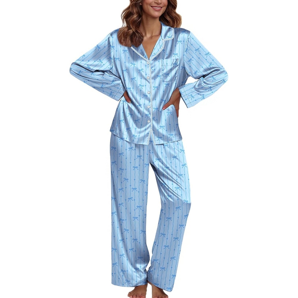 image:imageEkouaer Pajamas For Women Silk Pjs Long Sleeve Button Down Lounge Sets Christmas Pajamas 2 Piece Satin Sleepwear Cute PrintFun Pjs for SleepWeddingBridal PartyHolidayBlue Bow Stripe