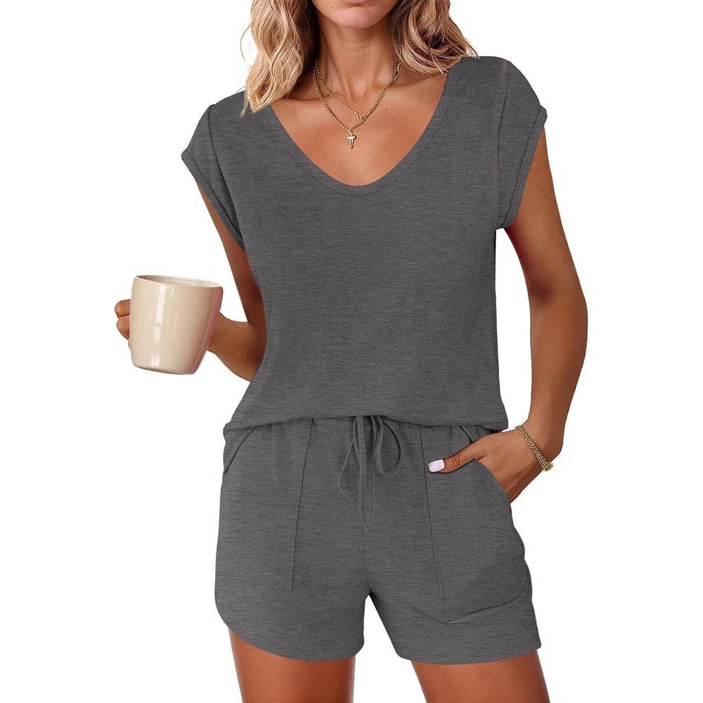 image:imageEkouaer Pajamas for Women 2 Piece Summer Lounge Set Short Sleeve Shorts Pjs Cap Sleeve Crew Neck Sleepwear with PocketsComfy Casual Loungewear for Stay at HomePostpartumAirport Traval OutfitsDark Grey