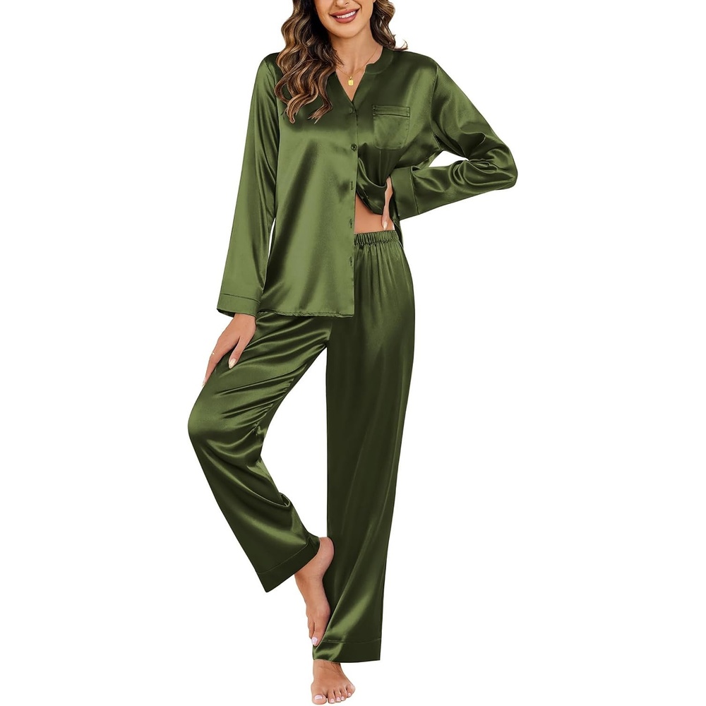 image:imageEkouaer Silk Pajamas for Women 2 Piece Satin PJs Button Up Sleepwear  Smooth Silk Fabric Long Sleeve Button Down Top Matching Pants with Pockets Relaxed Fit Ideal for Sleep and LoungeArmy Green