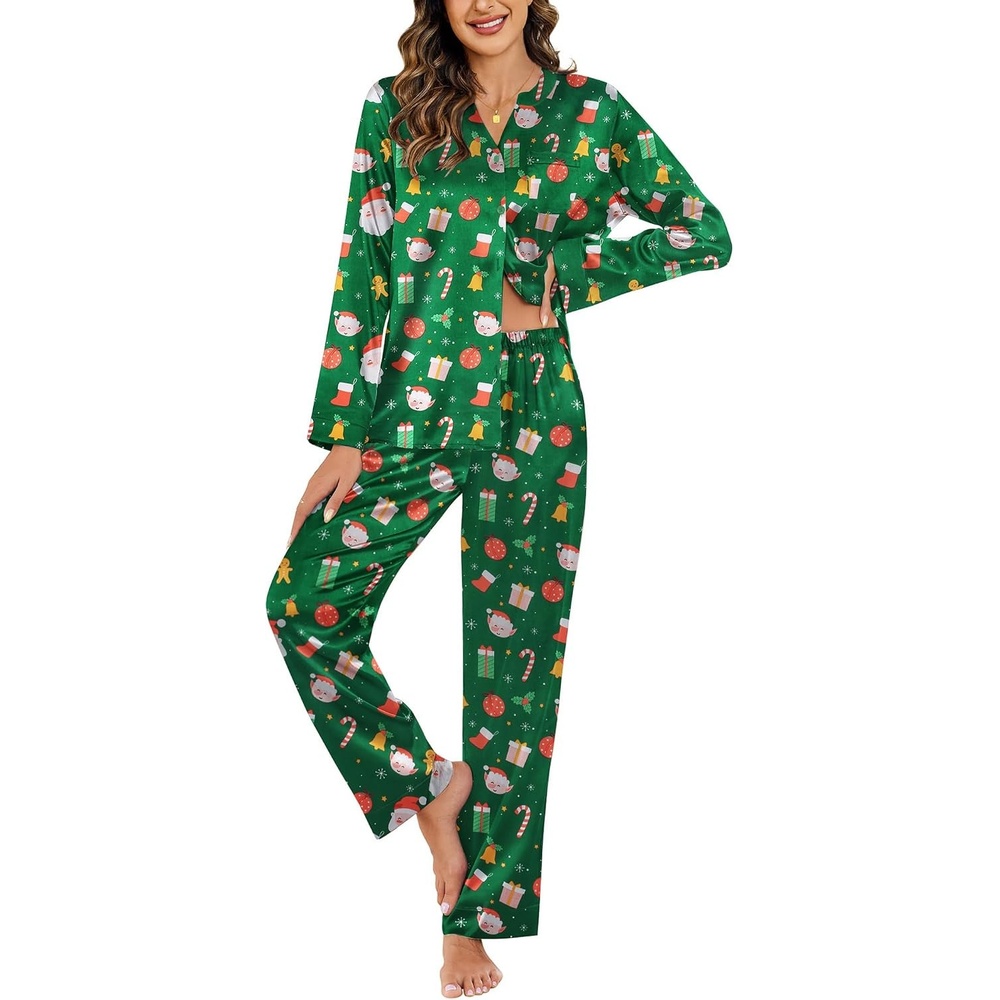 image:imageEkouaer Silk Pajamas for Women 2 Piece Satin PJs Button Up Sleepwear Smooth Silk Fabric Long Sleeve Button Down Top Matching Pants with Pockets Relaxed Fit Ideal for Sleep and LoungeGreenchristmas