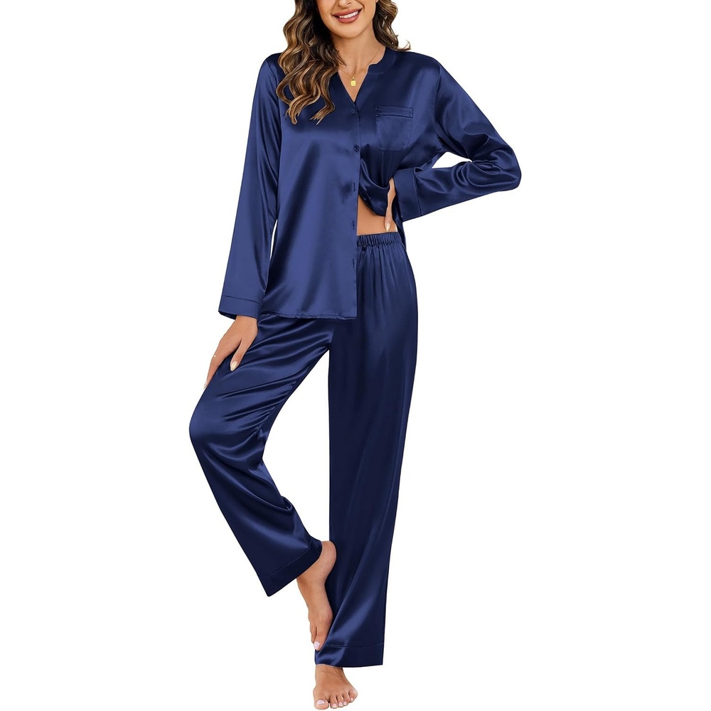 image:imageEkouaer Silk Pajamas for Women 2 Piece Satin PJs Button Up Sleepwear  Smooth Silk Fabric Long Sleeve Button Down Top Matching Pants with Pockets Relaxed Fit Ideal for Sleep and LoungeNavy Blue