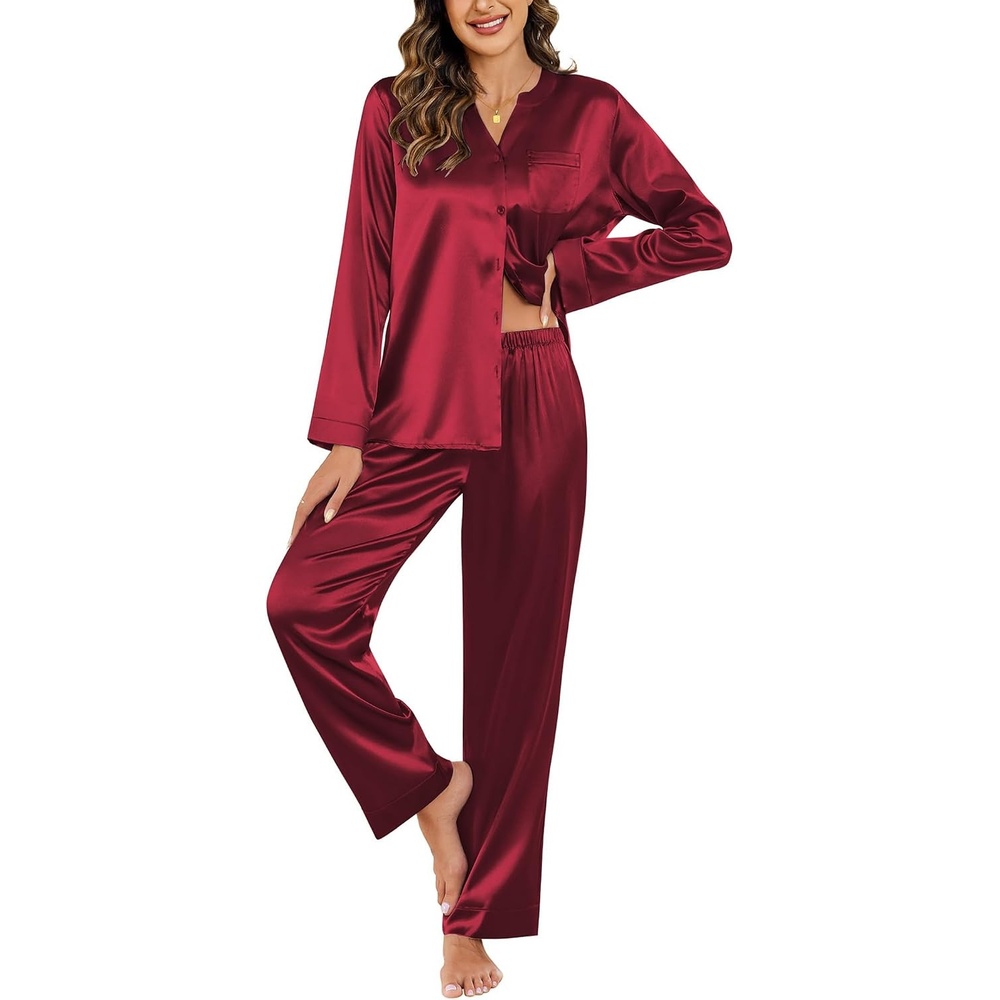 image:imageEkouaer Silk Pajamas for Women 2 Piece Satin PJs Button Up Sleepwear Smooth Silk Fabric Long Sleeve Button Down Top Matching Pants with Pockets Relaxed Fit Ideal for Sleep and LoungeWine Red