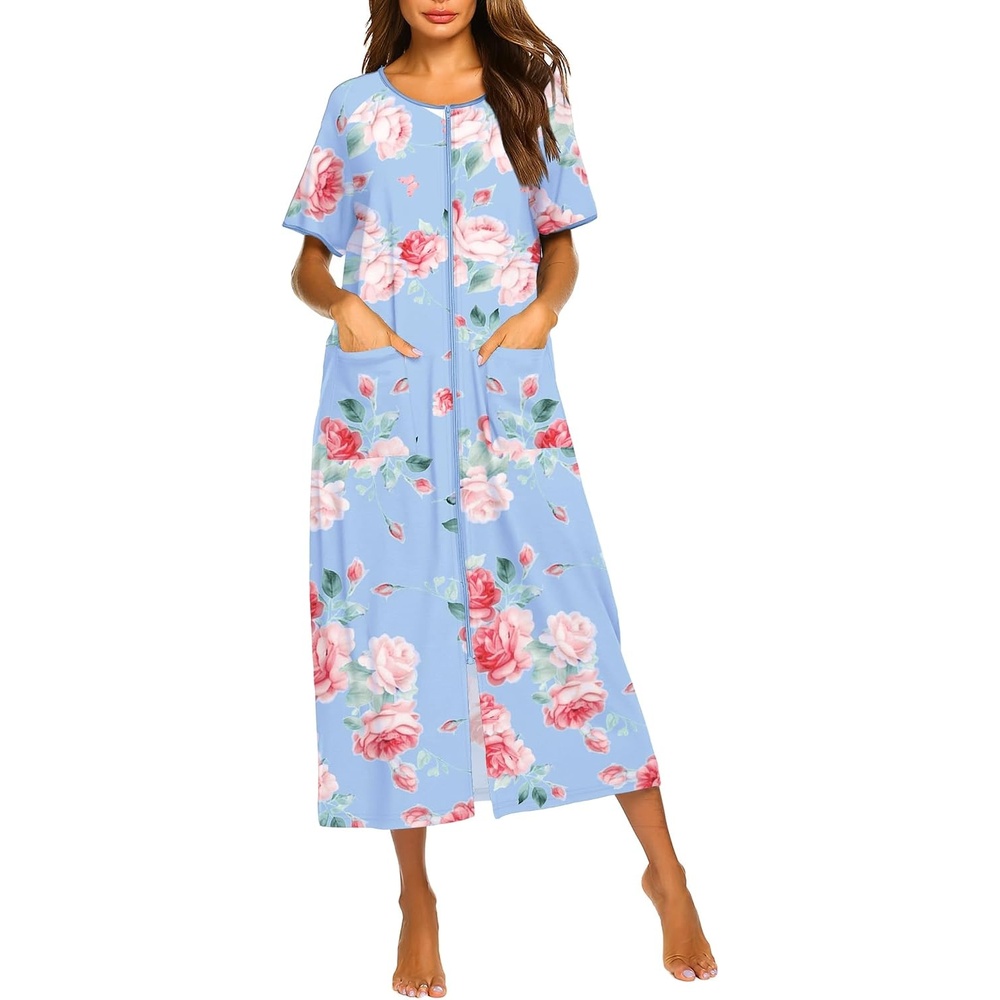image:imageEkouaer Women Robe Zipper Short Sleeves Full Length House Coat with Pockets  Zip Up Bathrobe Short Sleeve Soft and LightweightBblue Fower