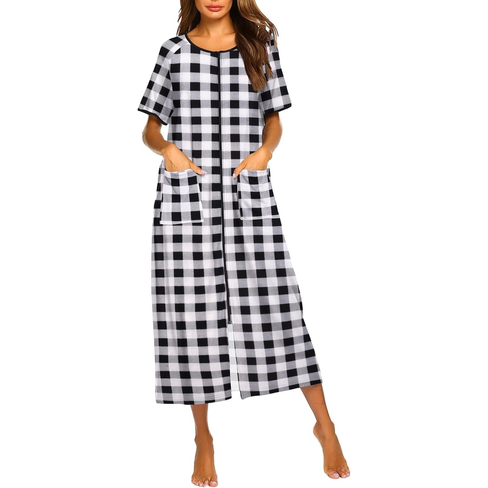 image:imageEkouaer Women Robe Zipper Short Sleeves Full Length House Coat with Pockets  Zip Up Bathrobe Short Sleeve Soft and LightweightBlack Plaid