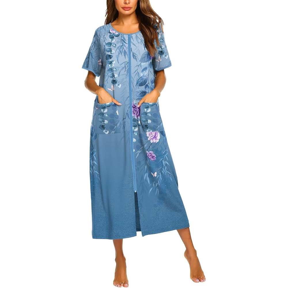 image:imageEkouaer Women Robe Zipper Short Sleeves Full Length House Coat with Pockets  Zip Up Bathrobe Short Sleeve Soft and LightweightBlue Continuous Flowers