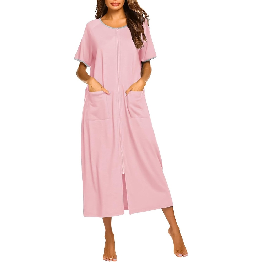 image:imageEkouaer Women Robe Zipper Short Sleeves Full Length House Coat with Pockets Zip Up Bathrobe Short Sleeve Soft and LightweightPink