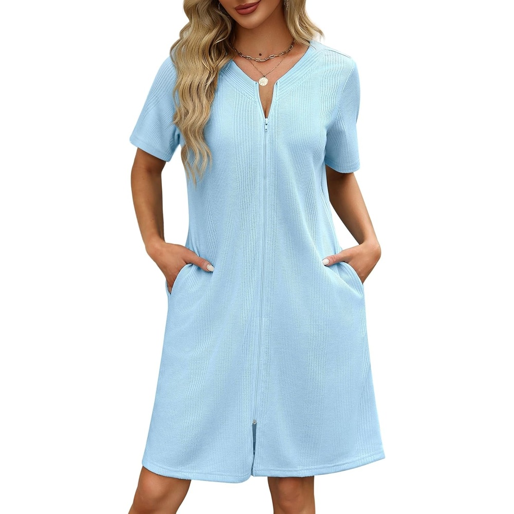 image:imageEkouaer Women Zipper Robe Waffle Bathrobe Short House Coat with Pockets Lightweight Robe Short Sleeve Waffle Material V NeckAblue