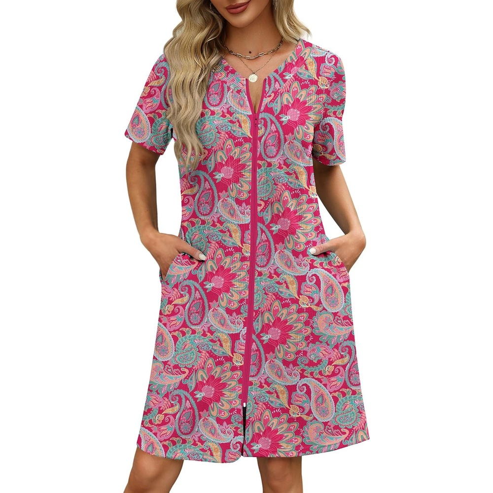 image:imageEkouaer Women Zipper Robe Waffle Bathrobe Short House Coat with Pockets Lightweight Robe Short Sleeve Waffle Material V NeckBright Paisley