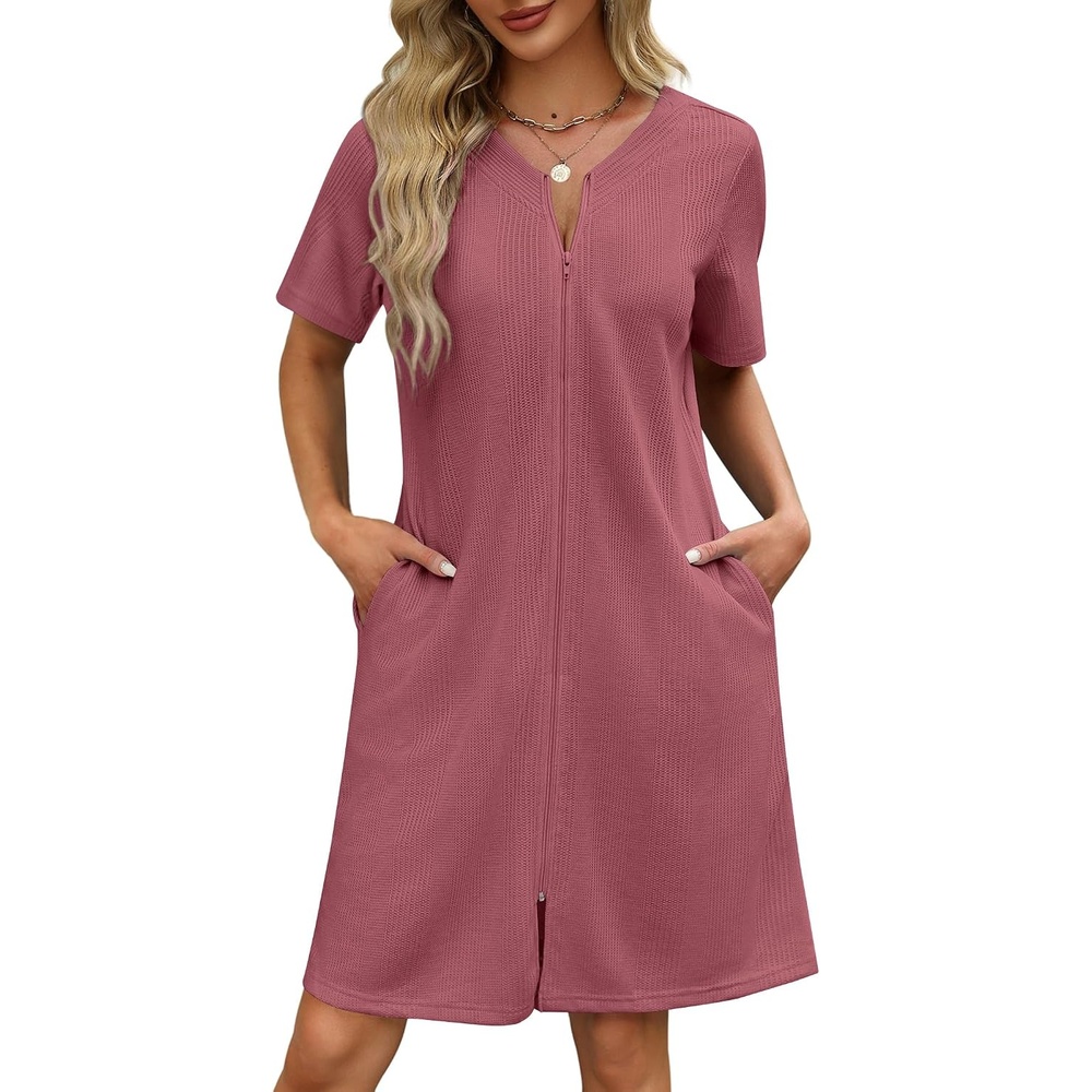 image:imageEkouaer Women Zipper Robe Waffle Bathrobe Short House Coat with Pockets Lightweight Robe Short Sleeve Waffle Material V NeckGray Purple