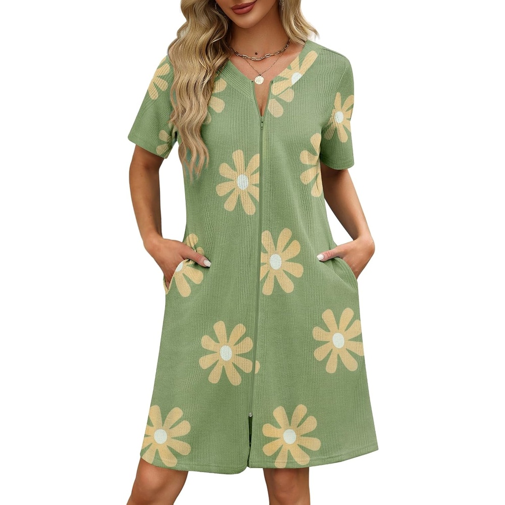 image:imageEkouaer Women Zipper Robe Waffle Bathrobe Short House Coat with Pockets Lightweight Robe Short Sleeve Waffle Material V NeckGreen Floral Print