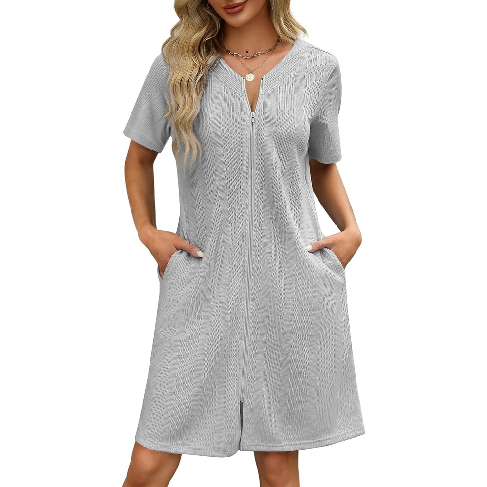 image:imageEkouaer Women Zipper Robe Waffle Bathrobe Short House Coat with Pockets Lightweight Robe Short Sleeve Waffle Material V NeckLight Grey