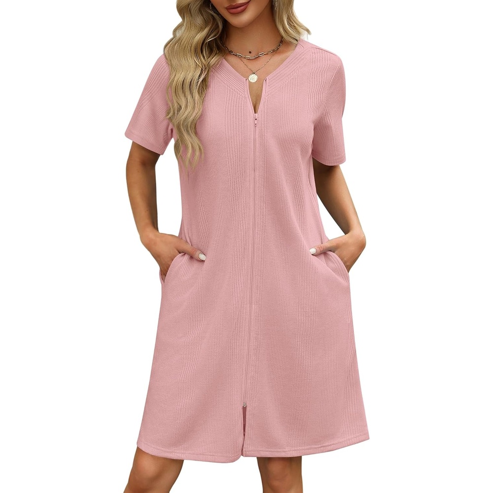 image:imageEkouaer Women Zipper Robe Waffle Bathrobe Short House Coat with Pockets Lightweight Robe Short Sleeve Waffle Material V NeckLight Pink