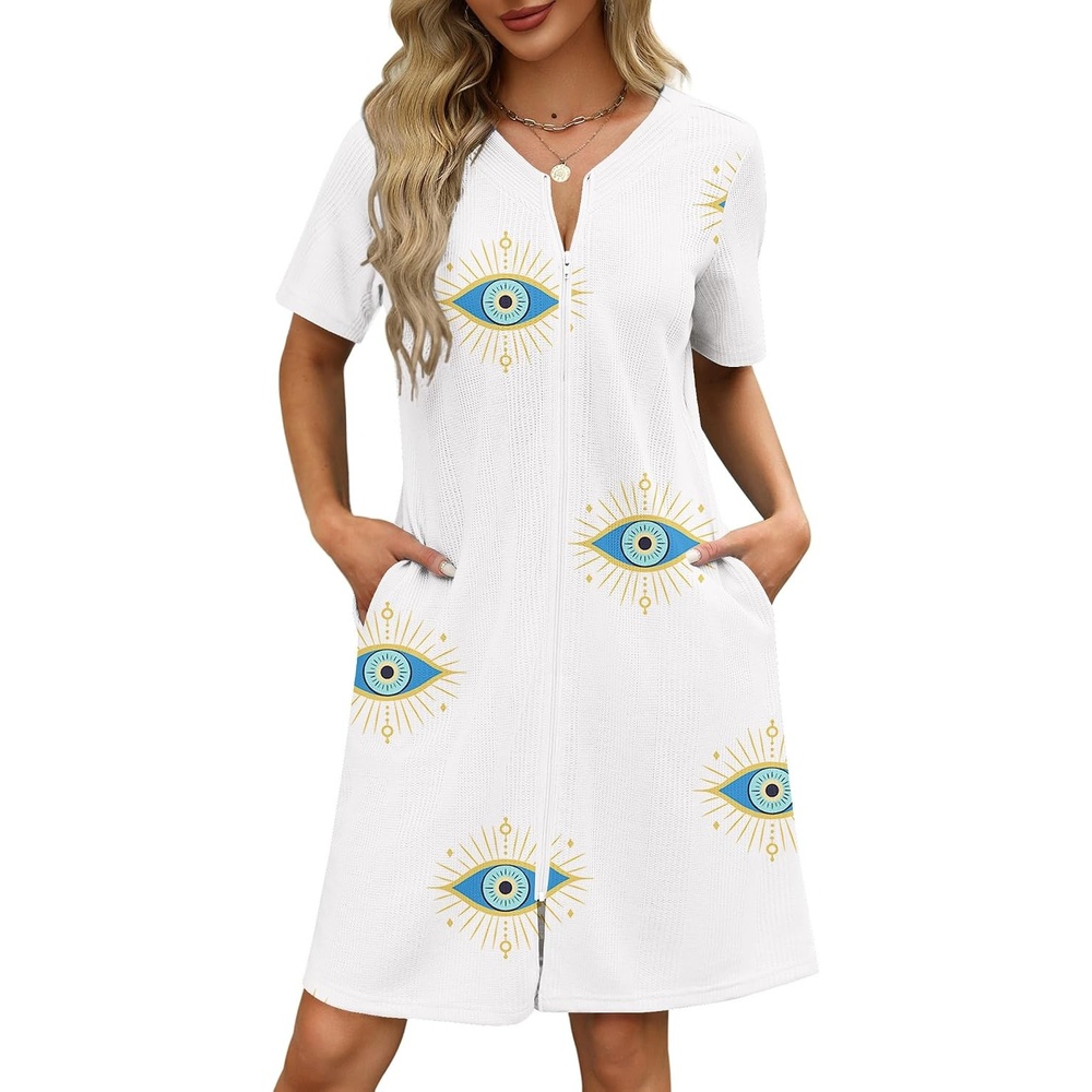 image:imageEkouaer Women Zipper Robe Waffle Bathrobe Short House Coat with Pockets  Lightweight Robe Short Sleeve Waffle Material V NeckSun Eye Print