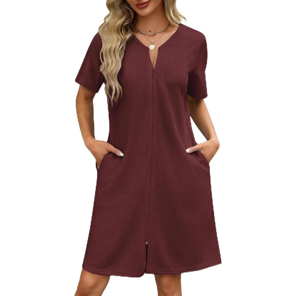 image:imageEkouaer Women Zipper Robe Waffle Bathrobe Short House Coat with Pockets Lightweight Robe Short Sleeve Waffle Material V NeckWine Red