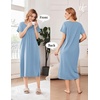 Ekouaer Cotton Nightgowns for Women Long Pleated House Dresses with Pockets | Short Sleeve Night Gowns for Adult Soft Sleep Dress for Sleeping Plus Size Lounge Dress Maxi Pajama Dress(Light Blue)