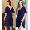 Ekouaer Labor and Delivery Gown for Hospital V Neck Maternity Nursing Dress | Birthing Gown, Open Back Button closure, Skin-friendly, Short Sleeve, Split Front Flap, Stretchy, Breastfeeding, C-section(Navy Blue)