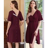 Ekouaer Labor and Delivery Gown for Hospital V Neck Maternity Nursing Dress | Birthing Gown, Open Back Button closure, Skin-friendly, Short Sleeve, Split Front Flap, Stretchy, Breastfeeding, C-section(Maroon)