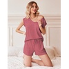 Ekouaer Pajamas for Women 2 Piece Summer Lounge Set Short Sleeve Shorts Pjs | Cap Sleeve Crew Neck Sleepwear with Pockets,Comfy Casual Loungewear for Stay at Home,Postpartum,Airport Traval Outfits(Purple Red B)