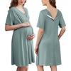 Ekouaer Labor and Delivery Gown for Hospital V Neck Maternity Nursing Dress | Birthing Gown, Open Back Button closure, Skin-friendly, Short Sleeve, Split Front Flap, Stretchy, Breastfeeding, C-section(Dusty Green)