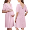 Ekouaer Labor and Delivery Gown for Hospital V Neck Maternity Nursing Dress | Birthing Gown, Open Back Button closure, Skin-friendly, Short Sleeve, Split Front Flap, Stretchy, Breastfeeding, C-section(Light Pink)