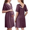 Ekouaer Labor and Delivery Gown for Hospital V Neck Maternity Nursing Dress | Birthing Gown, Open Back Button closure, Skin-friendly, Short Sleeve, Split Front Flap, Stretchy, Breastfeeding, C-section(Purple Red)