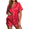 Ekouaer Womens Pajamas Satin Pj Set Silk Sleepwear Button Down Sleepwear Soft Loungewear Short Sleeve Pjs Set RedXX-Large | Classic Notch Collar Pjs,Soft Casual Sleepwear,Loungewear Top and Shorts for Bridal Gifts,Daily Wear,Party,Vacation