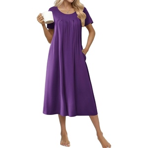 Ekouaer Cotton Nightgowns for Women Long Pleated House Dresses with Pockets | Short Sleeve Night Gowns for Adult Soft Sleep Dress for Sleeping Plus Size Lounge Dress Maxi Pajama Dress(Purple)