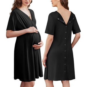 Ekouaer Labor and Delivery Gown for Hospital V Neck Maternity Nursing Dress | Birthing Gown, Open Back Button closure, Skin-friendly, Short Sleeve, Split Front Flap, Stretchy, Breastfeeding, C-section(Black)