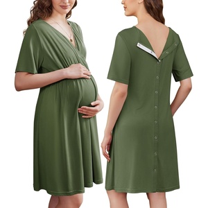 Ekouaer Labor and Delivery Gown for Hospital V Neck Maternity Nursing Dress | Birthing Gown, Open Back Button closure, Skin-friendly, Short Sleeve, Split Front Flap, Stretchy, Breastfeeding, C-section(Army Green)