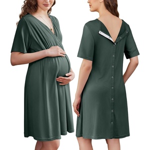 Ekouaer Labor and Delivery Gown for Hospital V Neck Maternity Nursing Dress | Birthing Gown, Open Back Button closure, Skin-friendly, Short Sleeve, Split Front Flap, Stretchy, Breastfeeding, C-section(Deep Army Green)