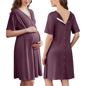Ekouaer Labor and Delivery Gown for Hospital V Neck Maternity Nursing Dress | Birthing Gown, Open Back Button closure, Skin-friendly, Short Sleeve, Split Front Flap, Stretchy, Breastfeeding, C-section(Purple Red)
