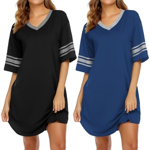 Ekouaer Nightgowns for Women 2 Pack Short Sleeve Nightgown V Neck Sleepwear | Soft Color Block Sleep Shirts, Oversized Night Shirts, Boyfriend Sleep Dress for Sleeping, Daily Wear, Pajama Party, S-4XL(Black/Blue)