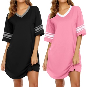 Ekouaer Nightgowns for Women 2 Pack Short Sleeve Nightgown V Neck Sleepwear | Soft Color Block Sleep Shirts, Oversized Night Shirts, Boyfriend Sleep Dress for Sleeping, Daily Wear, Pajama Party, S-4XL(Black/Hot Pink)