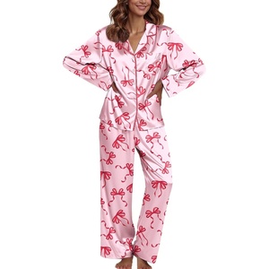 Ekouaer Pajamas For Women Silk Pjs Long Sleeve Button Down Lounge Sets | Christmas Pajamas 2 Piece Satin Sleepwear Cute Print,Fun Pjs for Sleep,Wedding,Bridal Party,Holiday(Pink Bow)