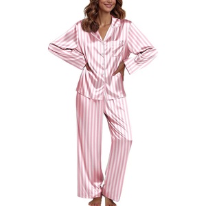 Ekouaer Pajamas For Women Silk Pjs Long Sleeve Button Down Lounge Sets | Christmas Pajamas 2 Piece Satin Sleepwear Cute Print,Fun Pjs for Sleep,Wedding,Bridal Party,Holiday(Pink White Stripe)