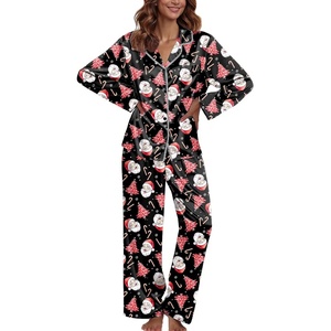 Ekouaer Pajamas For Women Silk Pjs Long Sleeve Button Down Lounge Sets | Christmas Pajamas 2 Piece Satin Sleepwear Cute Print,Fun Pjs for Sleep,Wedding,Bridal Party,Holiday(Black With Santa Claus)