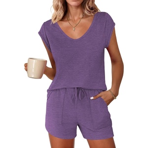 Ekouaer Pajamas for Women 2 Piece Summer Lounge Set Short Sleeve Shorts Pjs | Cap Sleeve Crew Neck Sleepwear with Pockets,Comfy Casual Loungewear for Stay at Home,Postpartum,Airport Traval Outfits(Purple)