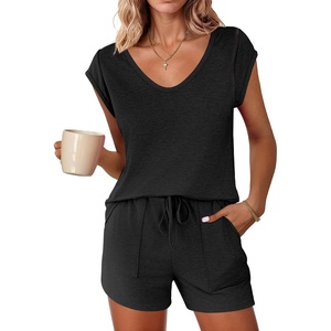 Ekouaer Pajamas for Women 2 Piece Summer Lounge Set Short Sleeve Shorts Pjs | Cap Sleeve Crew Neck Sleepwear with Pockets,Comfy Casual Loungewear for Stay at Home,Postpartum,Airport Traval Outfits(Black)