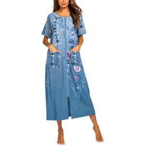 Ekouaer Women Robe Zipper Short Sleeves Full Length House Coat with Pockets | Zip Up Bathrobe, Short Sleeve, Soft and Lightweight(Blue Continuous Flowers)